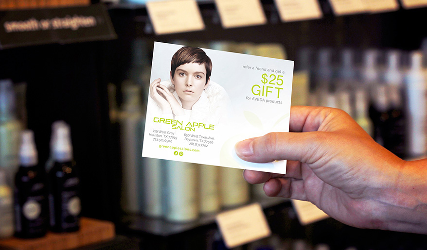 Green Apple Salon’s referral card. Image courtesy of Imaginal Marketing